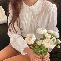 korean sweet ladies shirt striped doll collar long sleeve embroidered lace shirt spring summer camisas mujer button up tops