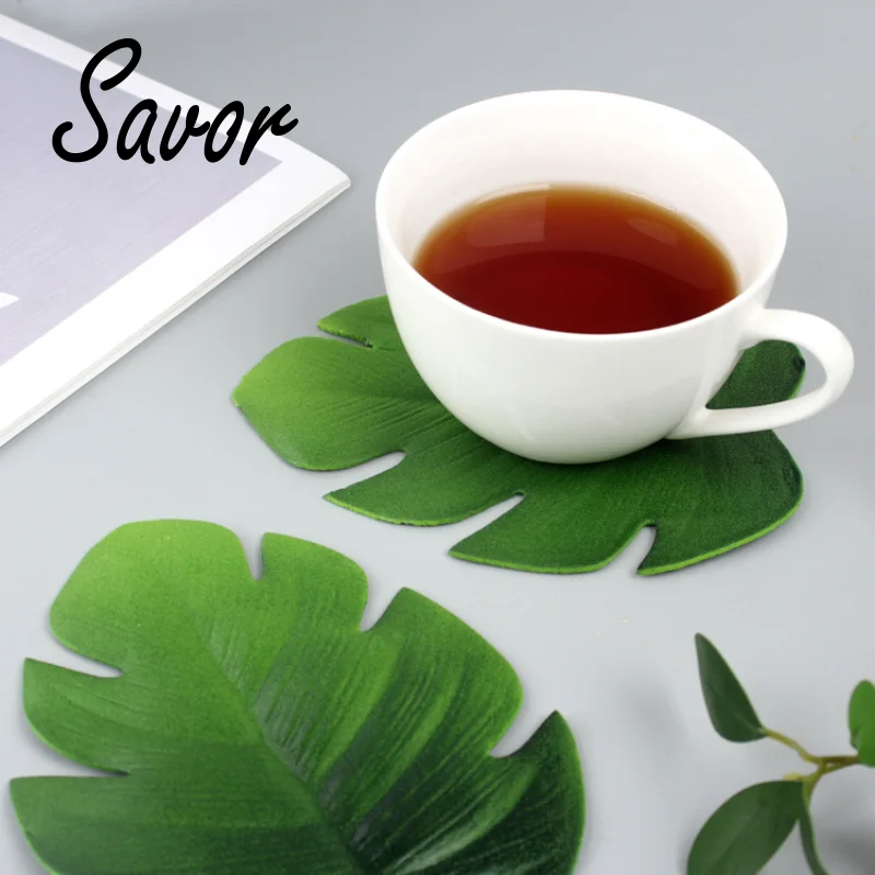 

Tropical Artificial Palm Leaves Coasters Cup Bowl Pad Mat Coffee Tea Cup Mats Drink Coasters Hawaii Theme Party Decor