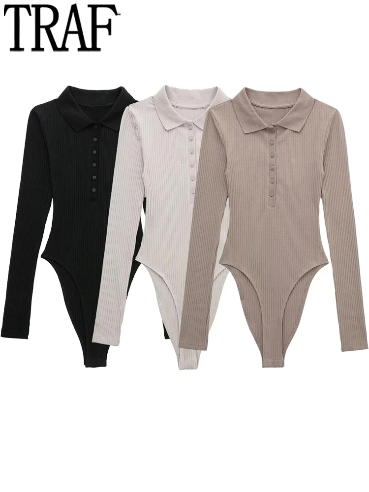 

Боди женское черное с длинным рукавом и воротником-поло