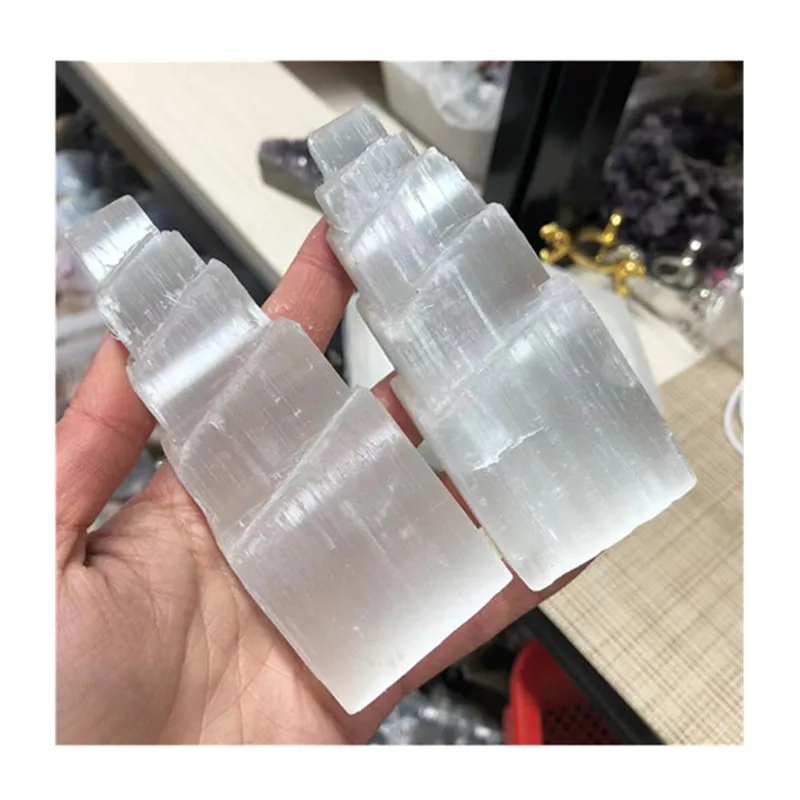 

Natural Carved Selenite Tower Lamp Crystal Stones For Decoration