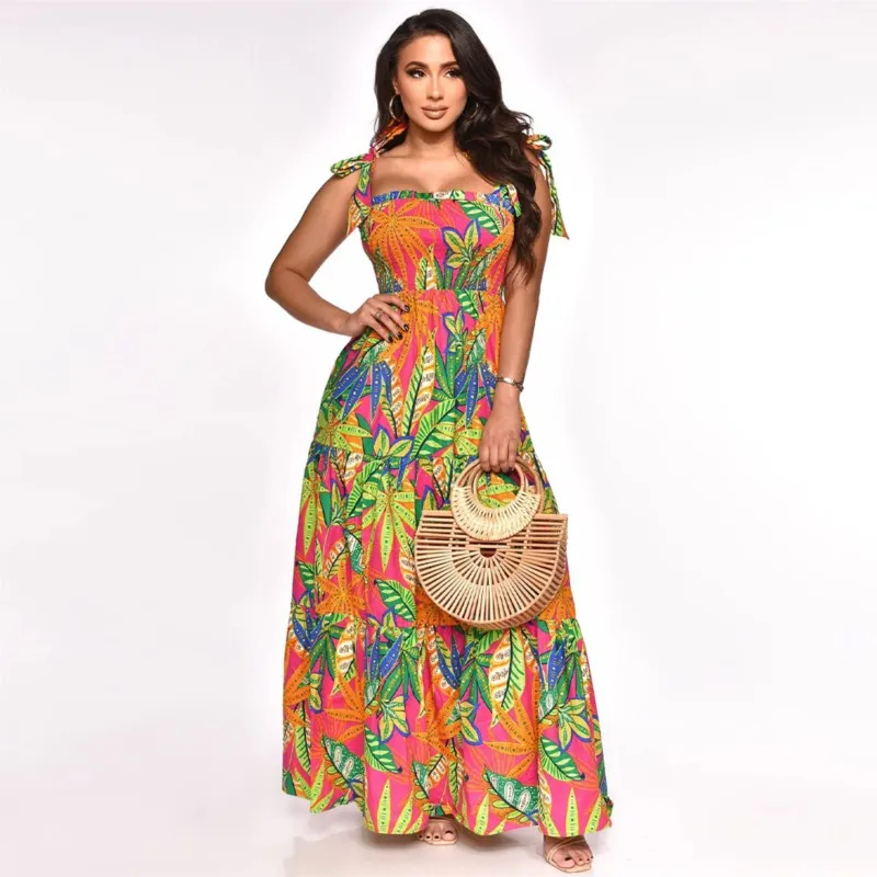 

African Clothing Elegant Slim Sexy Women's Dress Spaghetti Strap Sleeveless One Word Collar Beach Print Long Skirt 2023 Summer