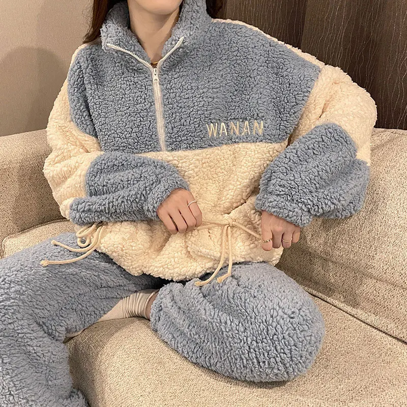 Pajamas Sets Women Coral Fleece Winter Thick Warm Flannel 2Piece /Set Pyjamas Suit Casual Nightwear Home Clothes Soft Sleepw