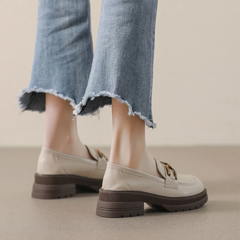 Chunky Loafers Women Microfiber Leather Platform Shoes Round Toe Metal Chain Slip on Ladies 5cm Flats