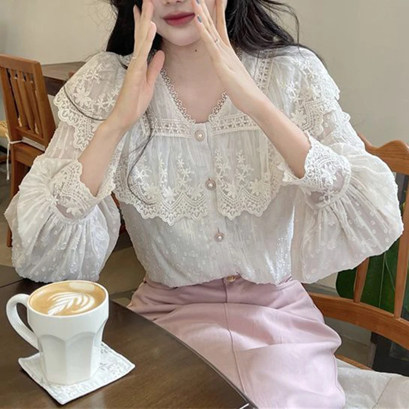 Женская модная Милая Кружевная рубашка на пуговицах женская элегантная белая