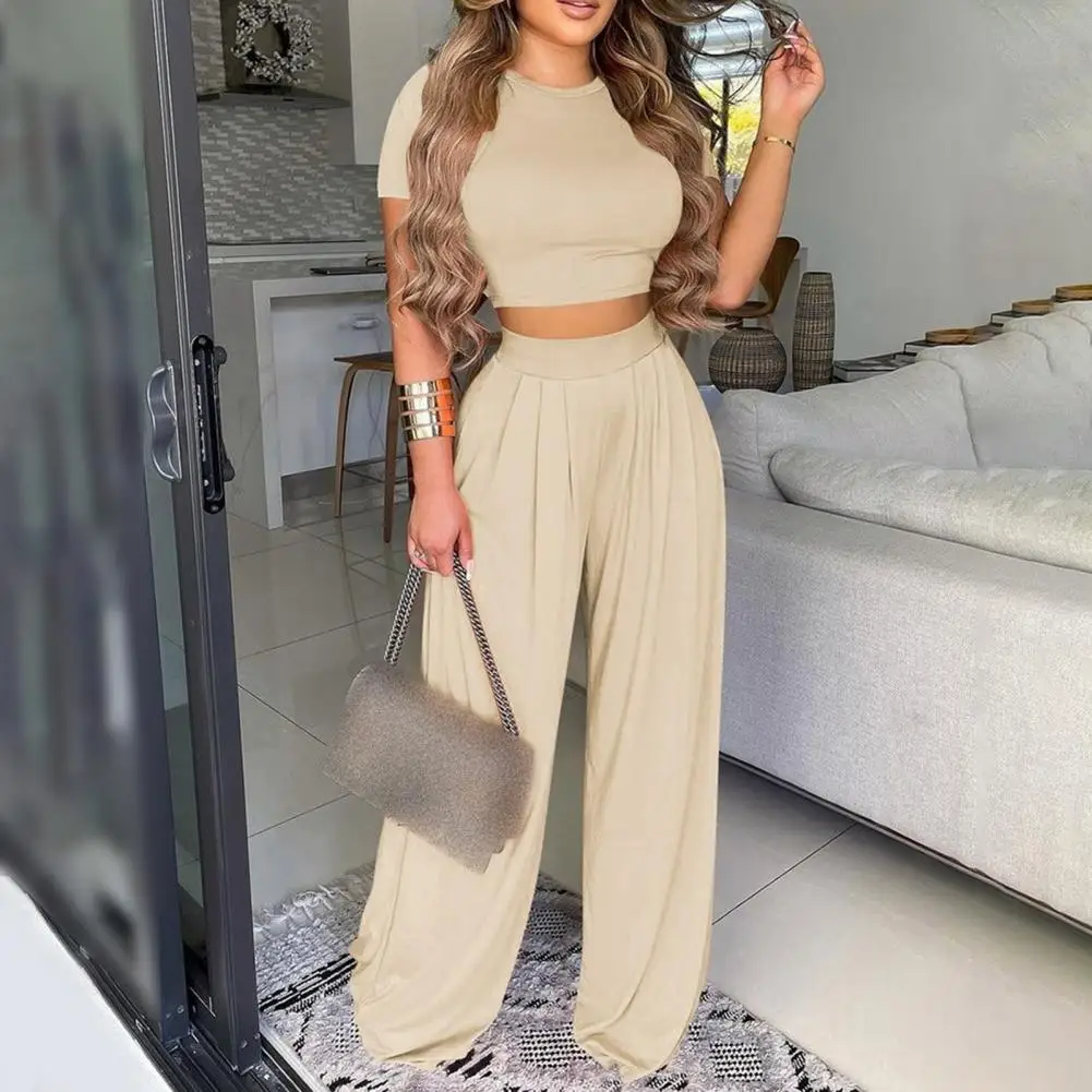Women Solid Casual Fitness Tracksuit Set 2023 Summer Elegant Outfits Short Sleeve Crop Tops Trouser Flare Pants 2 Two Piece Set