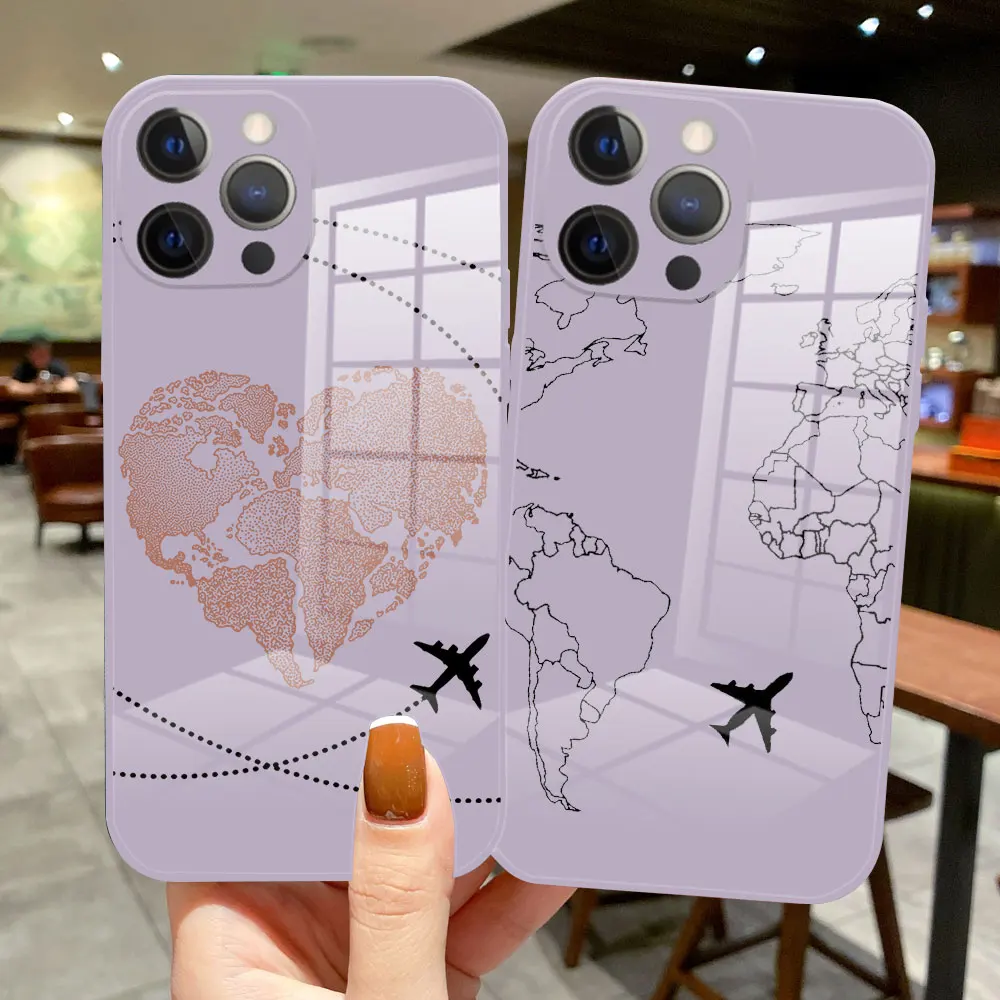 

Luxury Popular Planes World Map Travel Glass Silicone Case For iPhone 13 Pro Max 12 Pro Max 11 Pro Max 13 Mini 11 lavender Cover