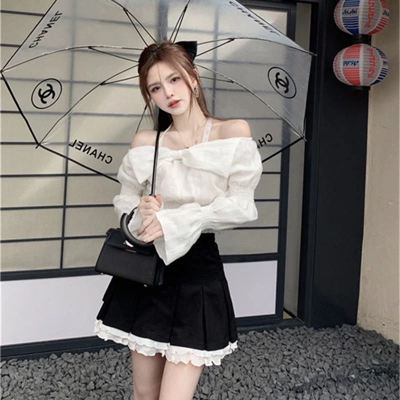 Блузки женские с рукавами-фонариками и бантом белые однотонные милые девичьи