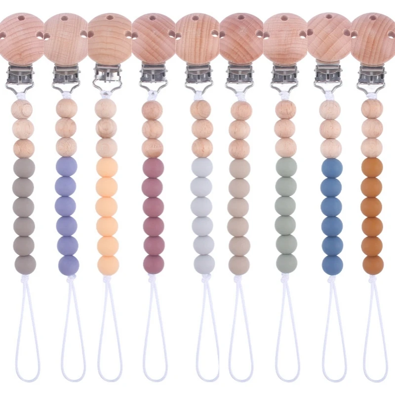 

Wooden Baby Anti-drop Chain Pacifier Clips Silicone Beads Infant Nipple Appease Soother Chain Clips Dummy Holder Nipple Clip