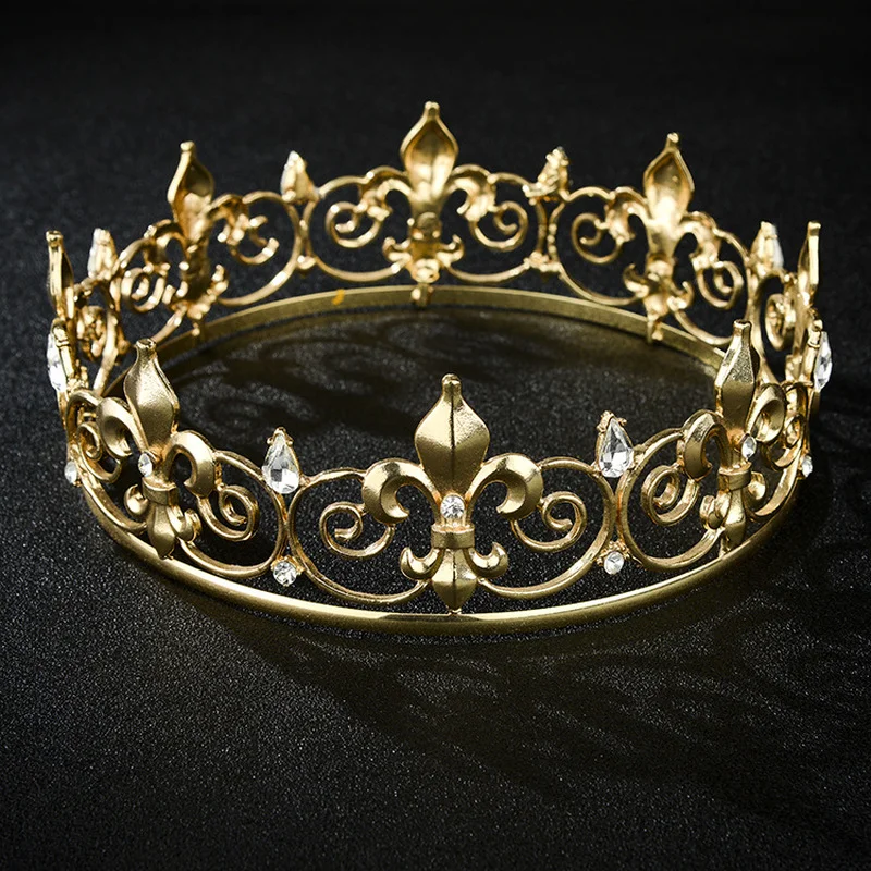 

Wholesale Circle Gold Prom Accessories King Men's Crown Round Imperial Gold Rhinestone Tiara Hair Accessories for Women 2021