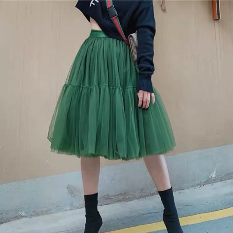 

Black Pleated Skirt Sexy Midi Tulle Skirt High Waist Fashion Lining Womens Tutu Korean Style Skirts Women Jupe Femme Faldas Q24
