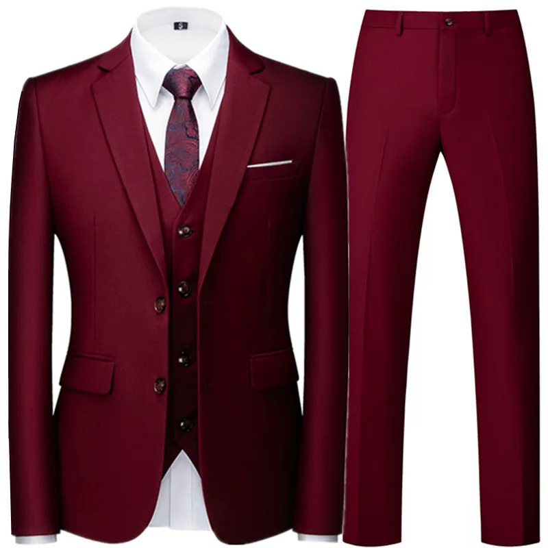 

Fashion New Men's Business Casual Solid Color 3 Pieces Suits / Male Two Button Blazers Jacker Coat Trousers Pants Vest Waistcoat