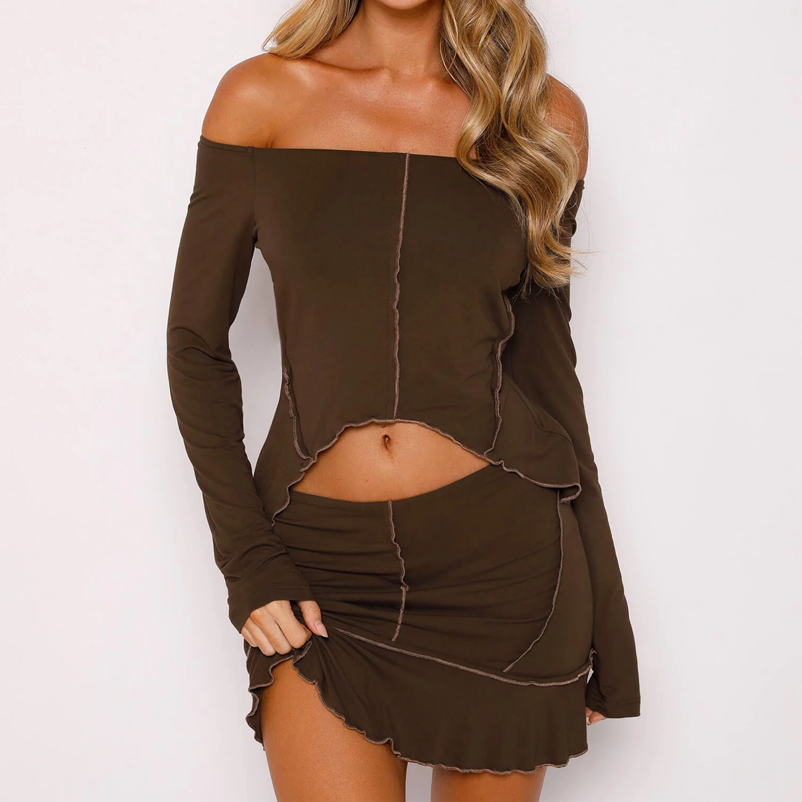 

2023 Ladies Long Sleeve Top Skirt Women Coffee Short Skirt Outfit Asymmetrical Navel Exposed Sexy Style Slash Neck Party Set