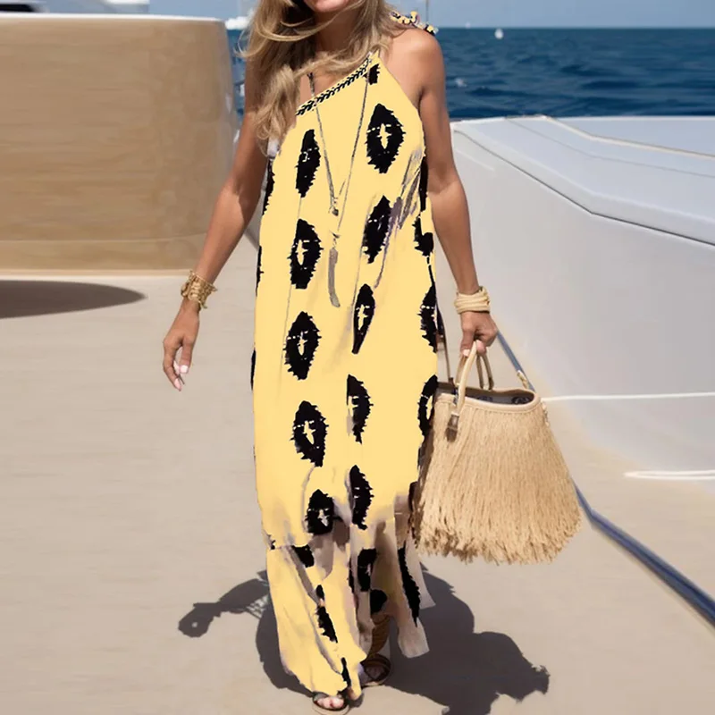 

Summer Sleeveless One Shoulder Loose Dress Women Casual Pattern Print Backless Dress Elegant Diagonal Collar Holiday Beach Dress