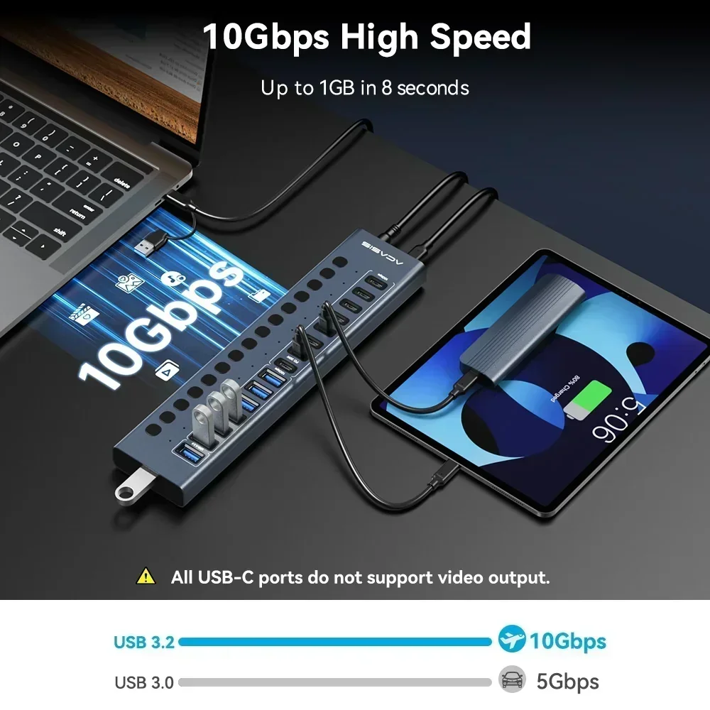 Фото USB-концентратор Acasis на 16 портов USB-C 3.1, 10 Гбит/с, 8A 8C, для USB-накопителей SSD/HDD, принтеров, клавиатур, мышей, мониторов, с зарядкой PD30W для iPad/iPhone №3