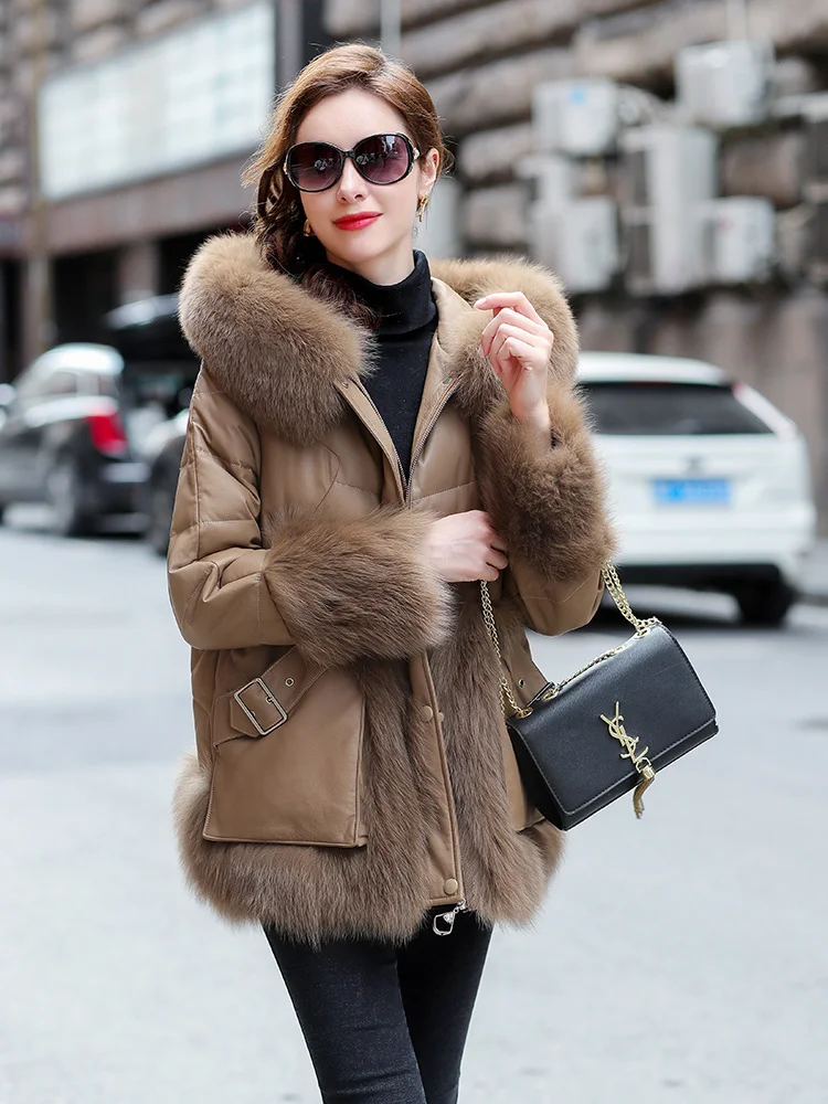 

2023Leather jacket,Fox Fur Collar Hooded Genuine Sheepskin Leather Jackets Autumn Winter 90%White Duck Down Female Jacket Women'