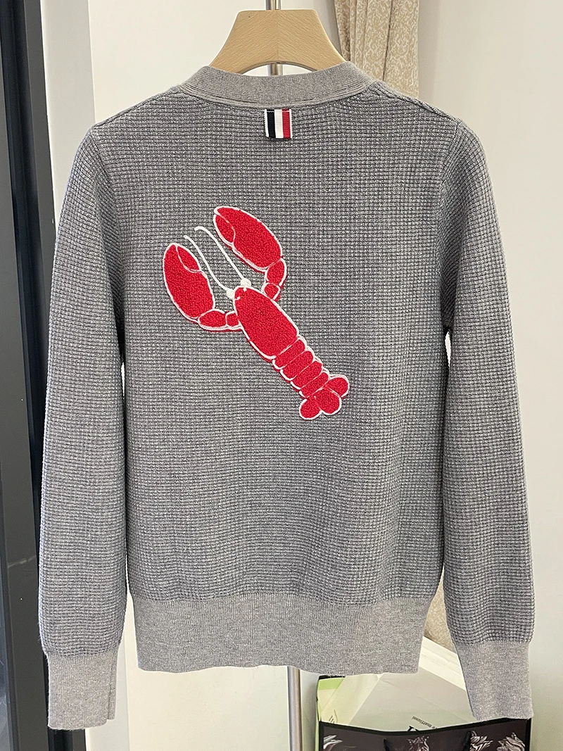 TB Lobster Embroidery Knit Cardigan Women Waffle Grey Wool Knit Top Loose  Fall Winter Coat - купить по выгодной цене | AliExpress