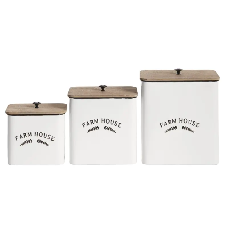 

Gorgeous White Metal Canisters with Natural Brown Lid, Set of 3 in Sizes 11", 9" and 7"H for your Home or Office