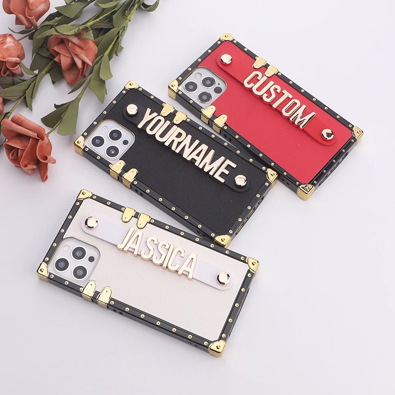For iPhone 14 14ProMax 14Plus 13Promax 13 12 11 Custom Leather Trunk Case Holding Strap Gold Metal Personalized Name Phone Case