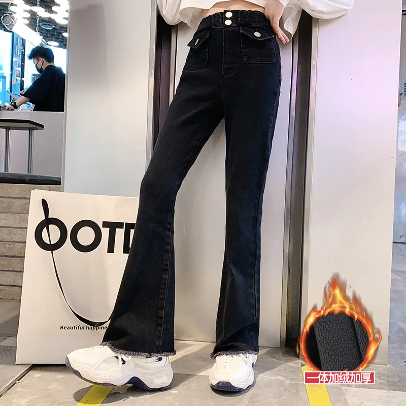 

Узкие Эластичные расклешенные брюки для девочек, зимние Утепленные плюшевые брюки в западном стиле для молодежи, детские теплые брюки с высокой талией