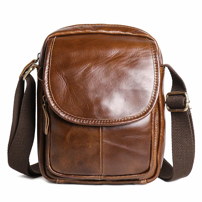 Vintage Men's Leather Simple Zipper shoulder bag Small Crossbody bag Messenger Bag