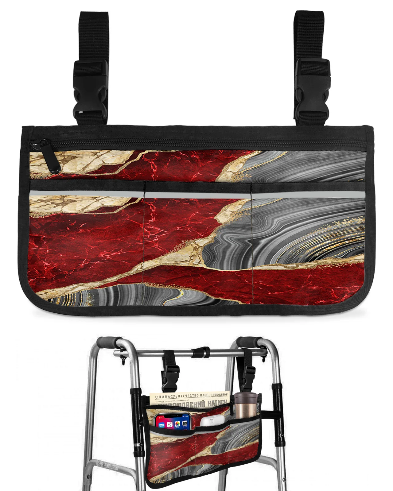 

Red Marble Texture Wheelchair Bag With Pockets Reflective Strips Armrest Side Bags Electric Scooter Walking Frame Storage Pouch