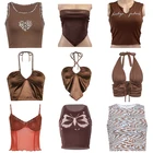 Новинка 2022, Женский пикантный коричневый топ на бретельках Y2K, эстетичный короткий жилет без рукавов с открытой спиной и лямкой на шее, Винтажная летняя майка для E-girl, одежда 90-х годов