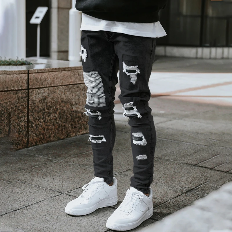Ripped Jeans Men's Casual Pants Fashion Skinny Beggar Patch Blue Slim Pencil Denim Trousers Streetwear Jeans for Men