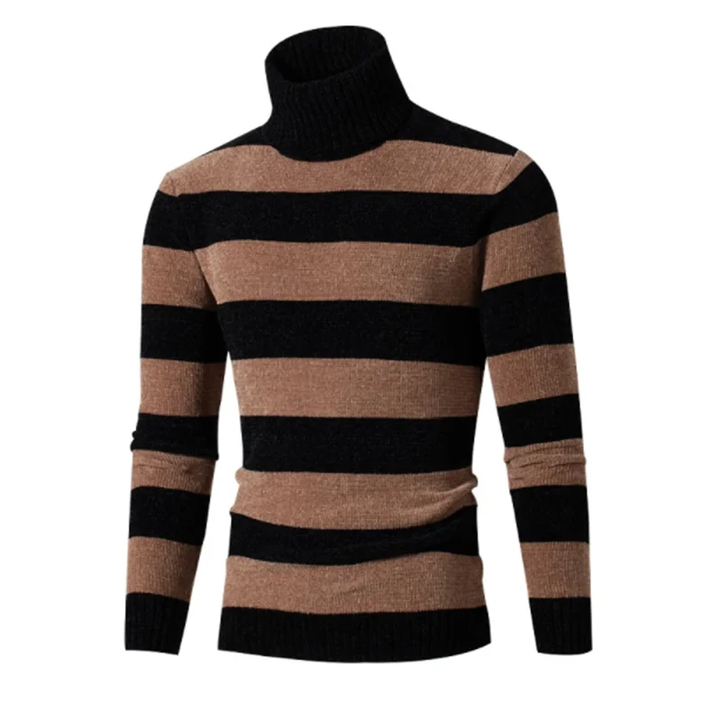 Fashionable Men's Wide Stripe High Collar Chenille Sweater Business Multifunctional European and American Simple Men's  Pullover
