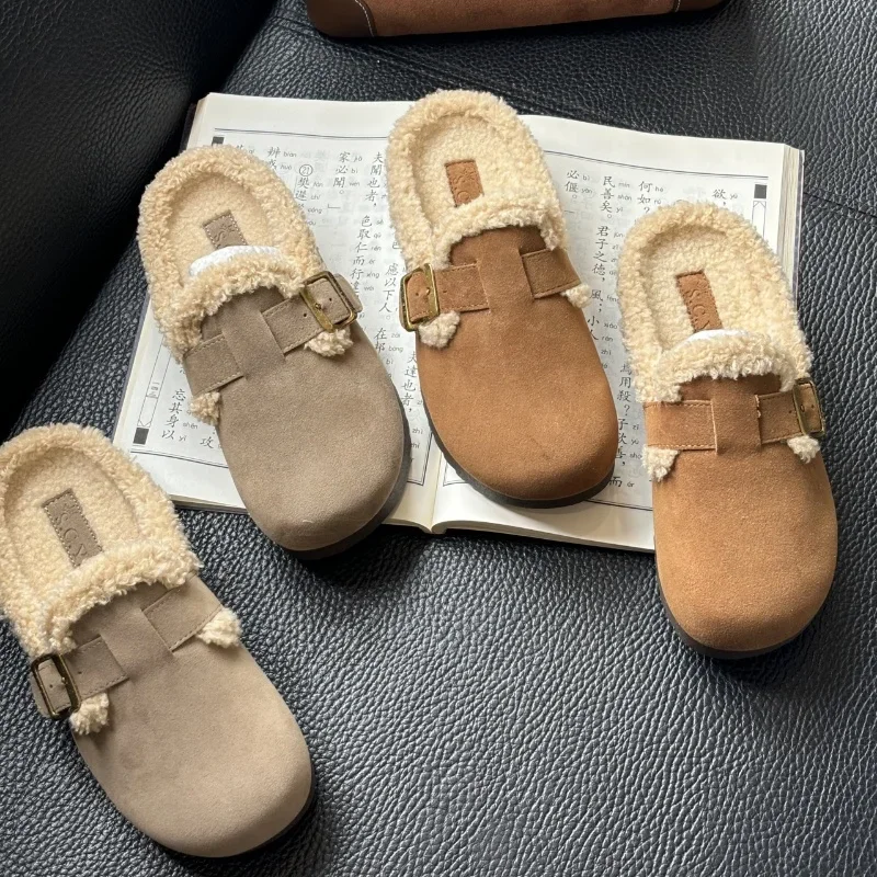 Замшевые женские тапочки на платформе зимние теплые короткие плюшевые ботинки