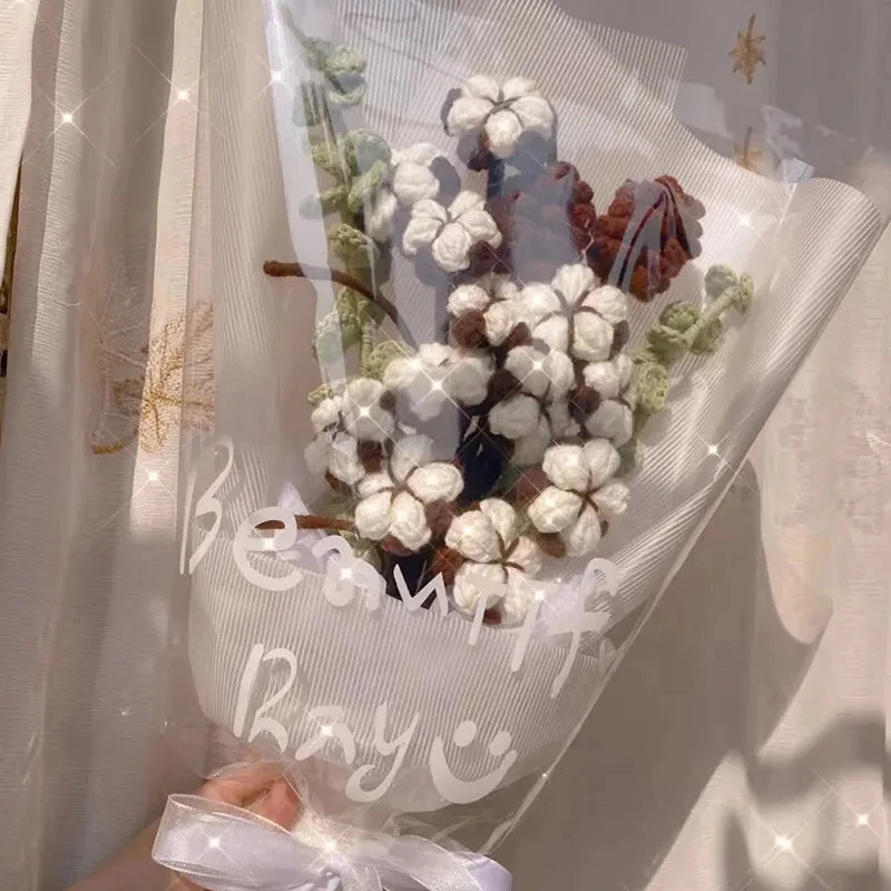 

Cotton Hand Knitted Flowers Diy Homemade Crochet Flower Cotton Bouquet Artificial Handicraft Decor Wedding Home Desktop Ornament