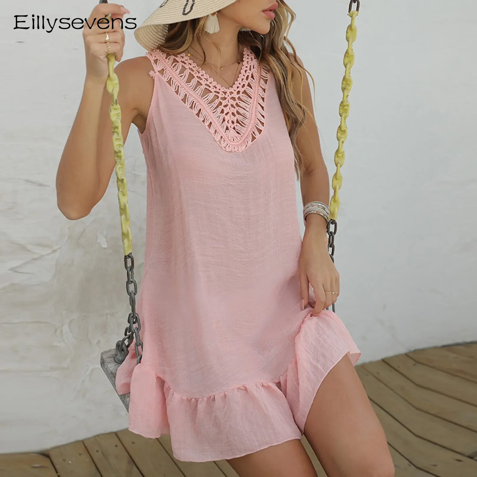 Женское пляжное платье с помпонами и кисточками на спине сексуальный полый