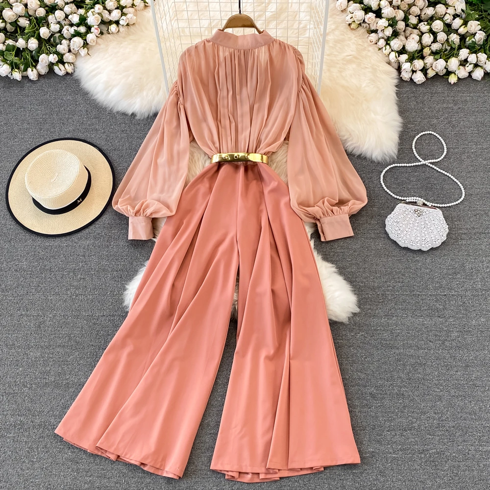 A GIRLSClothland Women Solid Loose Jumpsuits Long Sleeve Bow Tie Belt Wide Leg Trousers Female Retro Chic Playsuits Mujer
