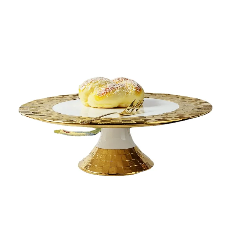 

Nordic Style Small Plaid Craft White Gold-Plated Ceramic Cake Plate Fruit Swing Plate Wedding Video Discs Fruit Plate