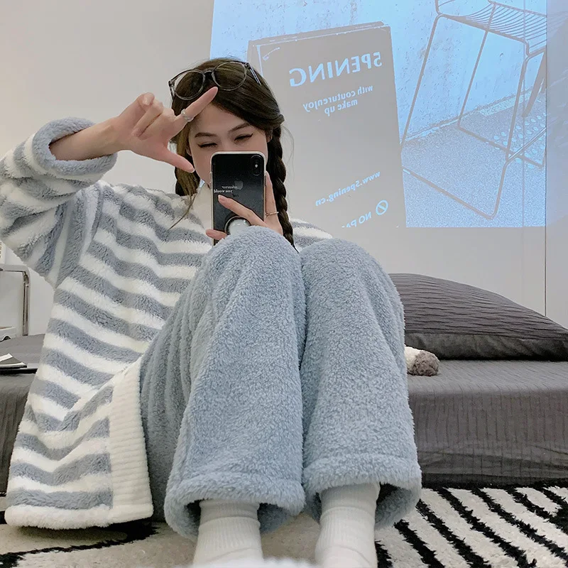 Yasuk Winter Women Girl Casual Warm Soft Sleepwear Pajamas With Pant Velvet Fleecel Cute Thick Pocket Simple Grey Stripes