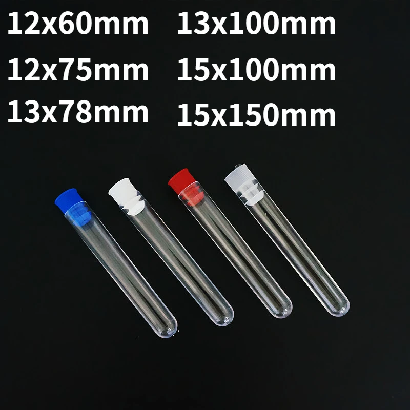 

50/100pcs Length 60mm to 150mm Clear Plastic Test Tubes With Plastic Colorful Stopper Push Cap For Experiments