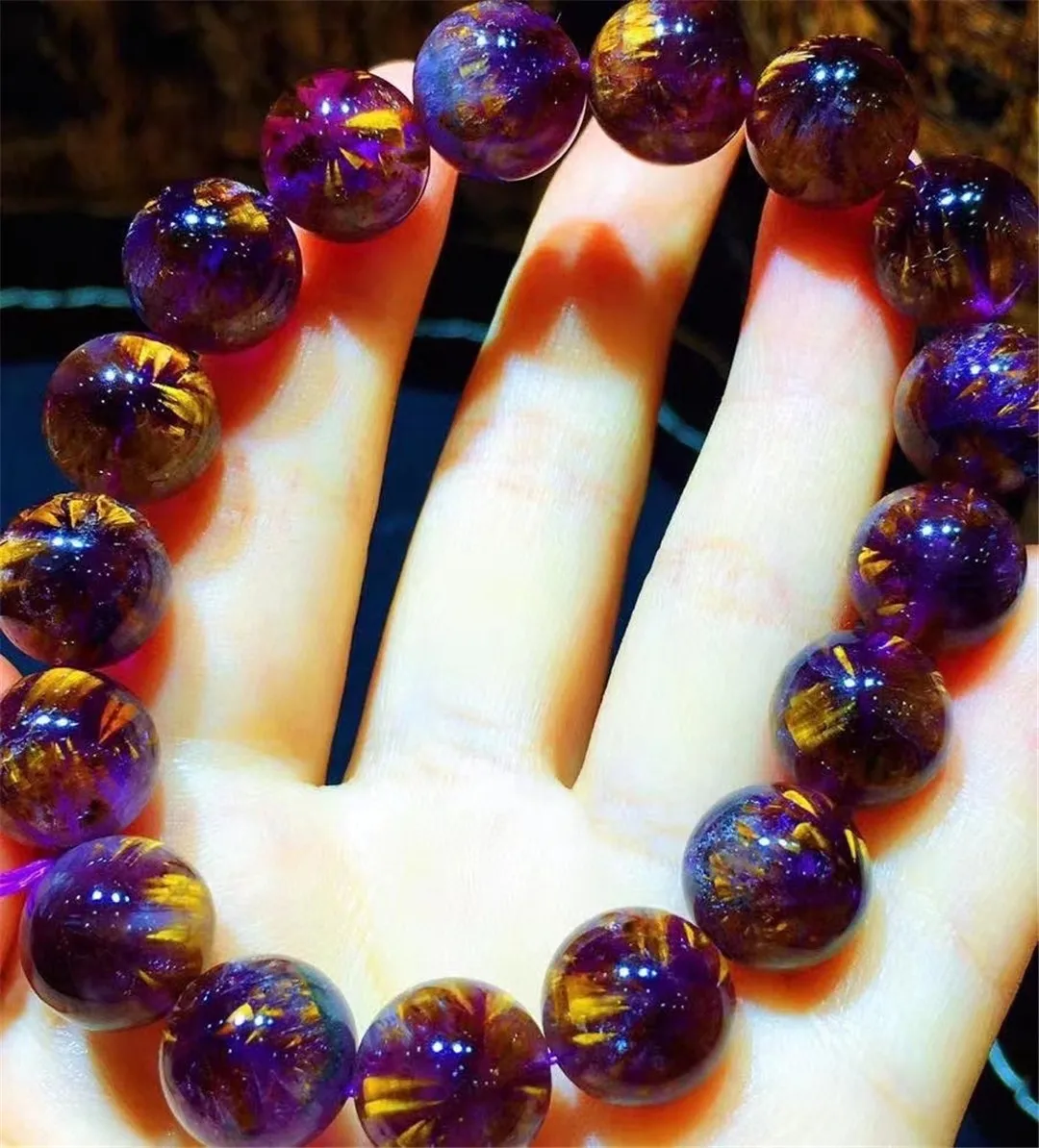 

12mm Natural Auralite 23 Purple Gold Rutilated Quartz Bracelet For Women Lady Man Wealth Crystal Round Beads Stone Jewelry AAAAA