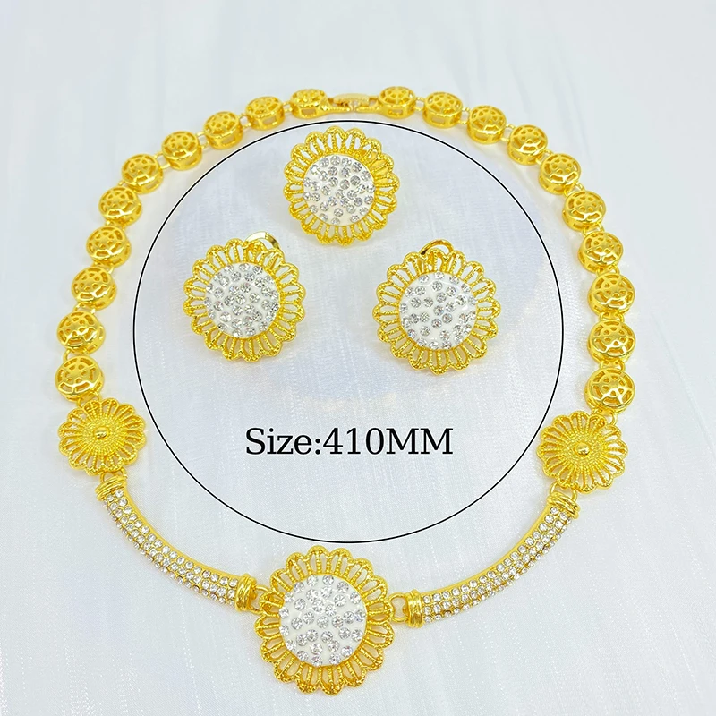 Dubai New Design Luxury Fashion Flower Shaped Gold Plated Rhinestone Jewelry Set For Women Wedding Party Daily Wear