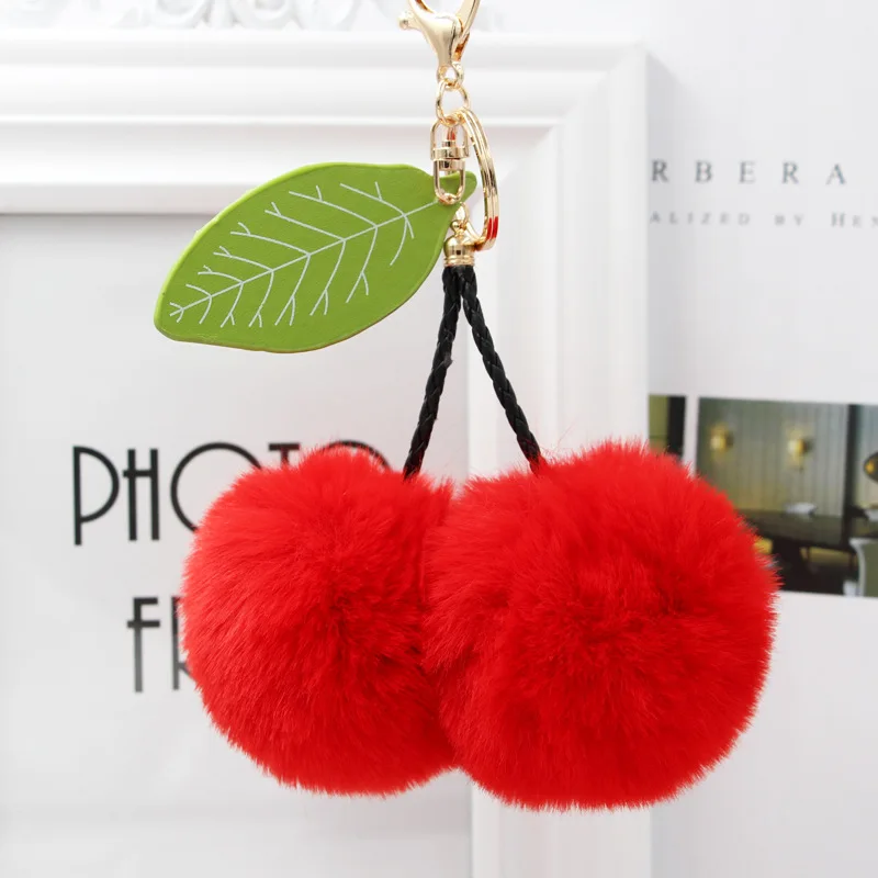 

2022 Fashion New Cute Fluffy Artificial Rabbit Fur Ball Pompom Leaf Keychain Cherry Key Chain Handbag Pendant Car Key Chain Ring
