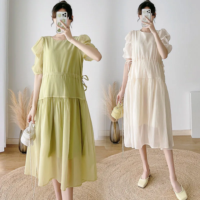 

9277# 2022 Summer Korean Fashion Maternity Long Dress Elegant A Line Slim Loose Clothes for Pregnant Women Formal Cute Pregnancy