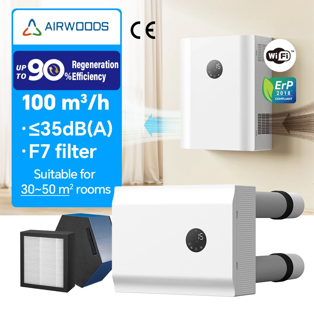 Фото Система вентиляции с рекуперацией тепла Airwoods Eco Flex ERV с фильтром F7, управлением по Wi-Fi, высокой эффективностью и современным дизайном для использования в отелях. №2