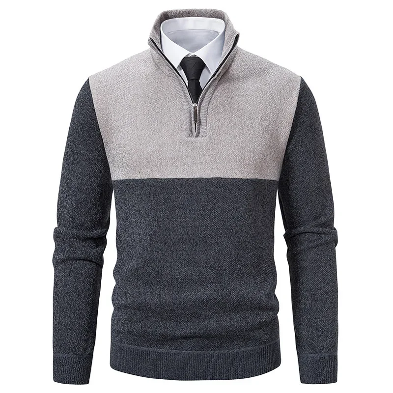 Мужской вязаный пуловер с цветными блоками на флисовой подкладке свитер теплая