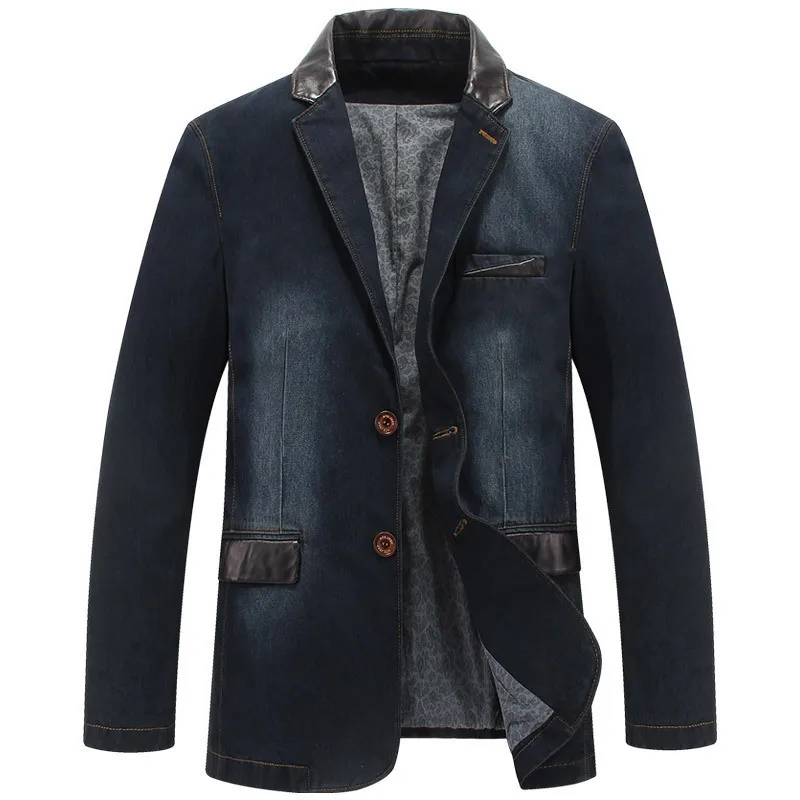 LUCLESAM Autumn Men's Denim Jacket Paneled Leather Collar Korean Version Male Youth Slim-Fit Suit Casual Suit Trendy Blazer