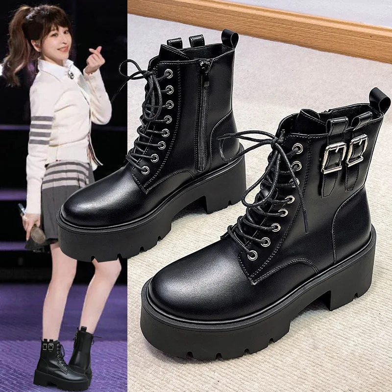 2022 Autumn New Ankle Boots Women Casual Platform Shoes Women PU Leather High Top Thick-heel Motorcycle Boots Female