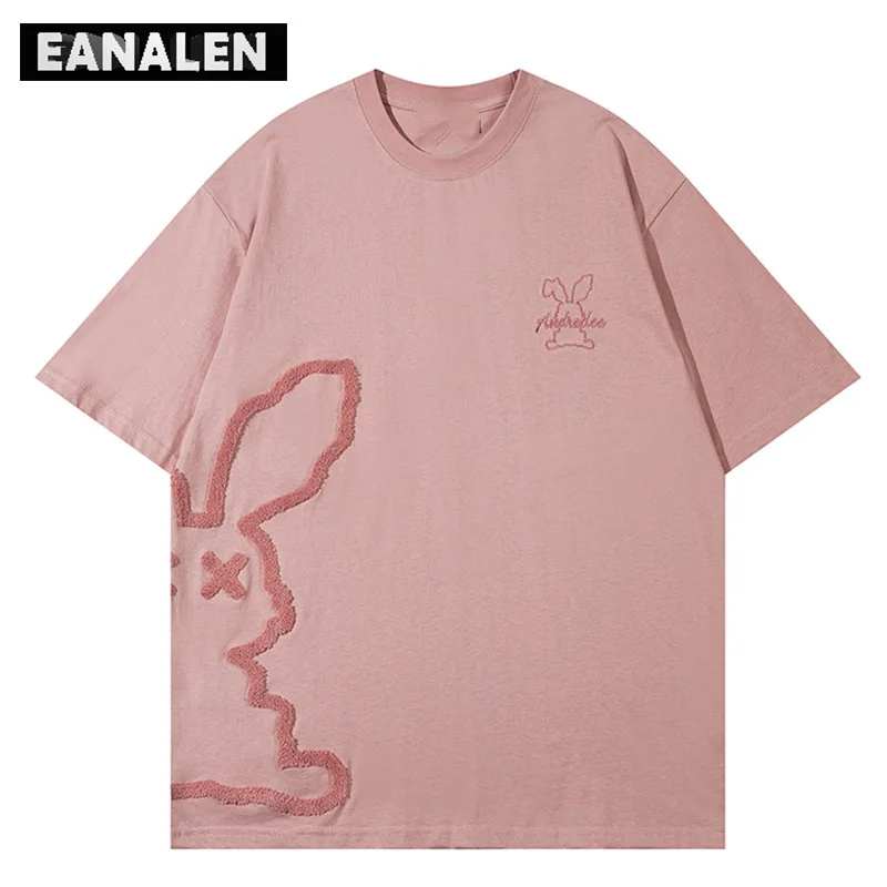 

Винтажная розовая футболка с милым рисунком кролика Мужская Уличная одежда оверсайз Харадзюку Повседневная анимационная футболка с корот...