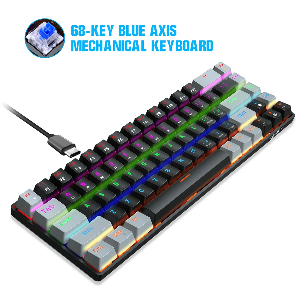 

Проводная Механическая игровая клавиатура V800, 68 клавиш, RGB, со съемным кабелем Type-C, прочная клавиатура из АБС-пластика с черными (синими переключателями)