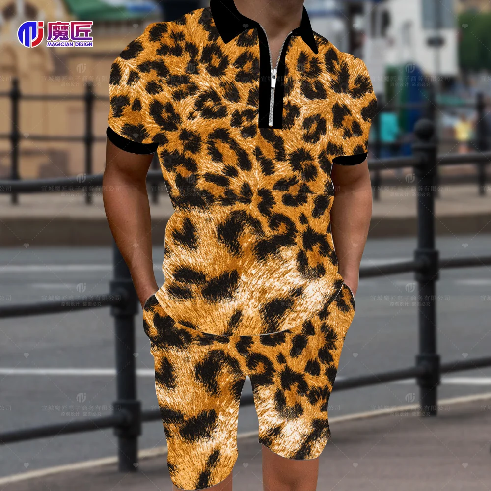 2023 Summer Men's Leopard Print Colorful 3D Zipper Lapel Shirt Short Sleeve + Shorts Suit Men's Sports Hip-Hop Suit 2 Pieces