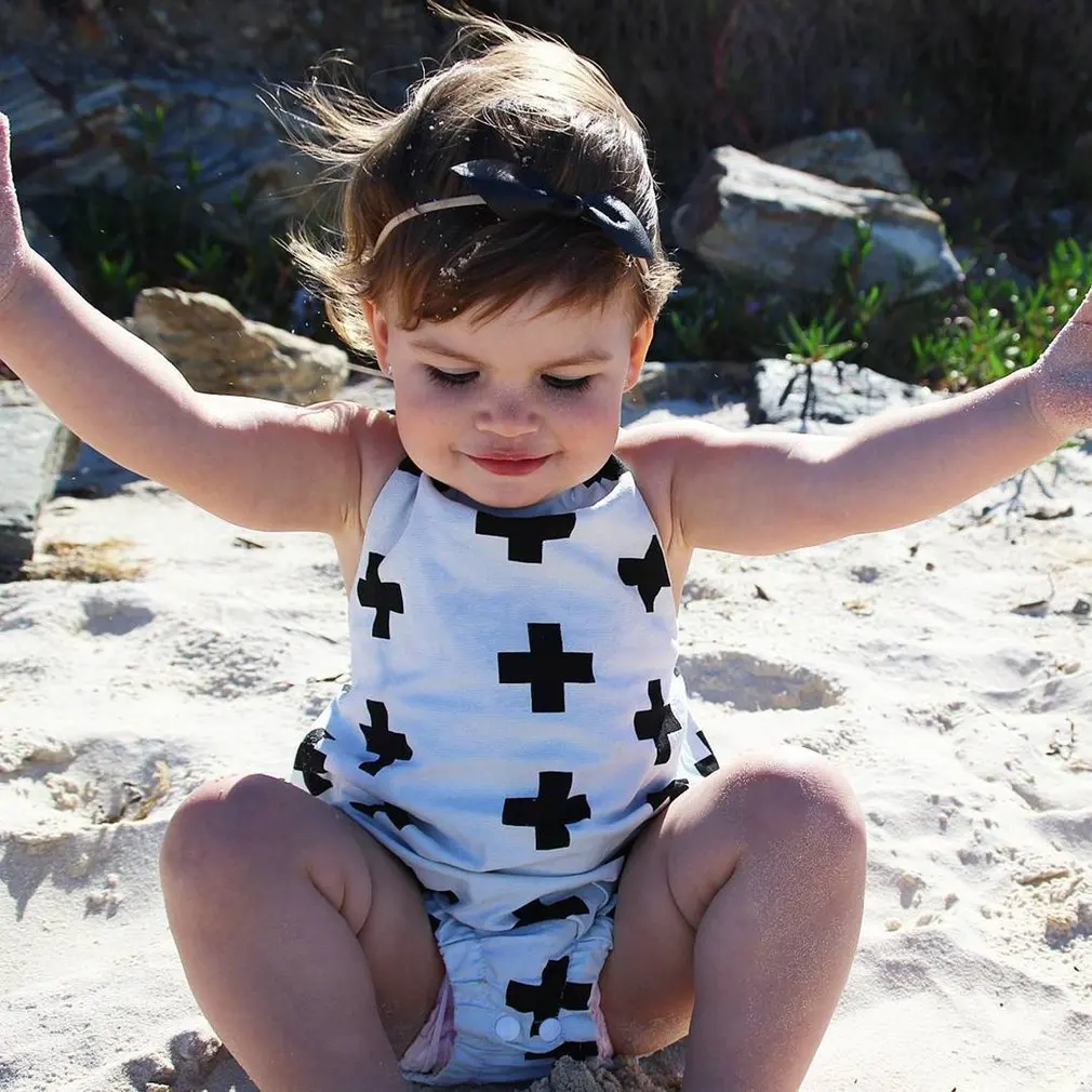 

100% Cotton Baby Girls Bandage Halter Romper Backless Sunsuit Cross Printed Bodysuits Casual Jumpsuit Girls Clothes