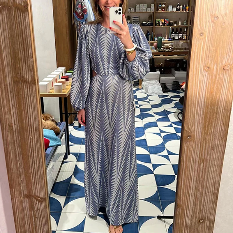 

Женское праздничное платье макси на пуговицах, длинное платье с геометрическим принтом и О-образным вырезом, праздничное платье с открытой ...