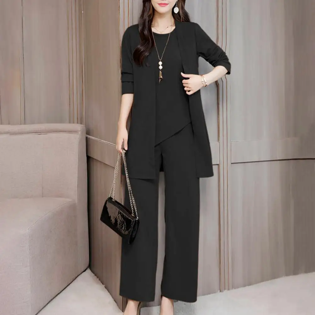 

3Pcs/Set O-neck Sleeveless Lady Outfit Irregular Hem Vest Pants Coat Mid-length Pockets Vest Top Wide Leg Pants Set