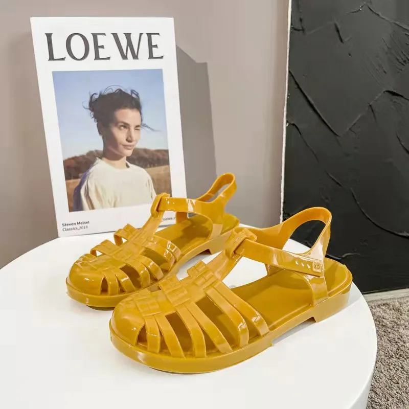 

2022Summer New Sandals Women Flat Bottom Fashion Outer Wear Crystal Shoes Non-slip Toe-covered Roman Beach Jelly Slippers Shoes